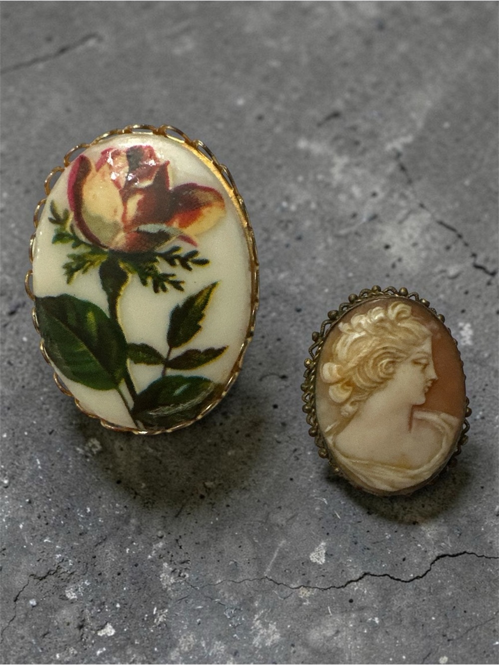 Floral Rose Porcelain and Cameo Brooch set of 2